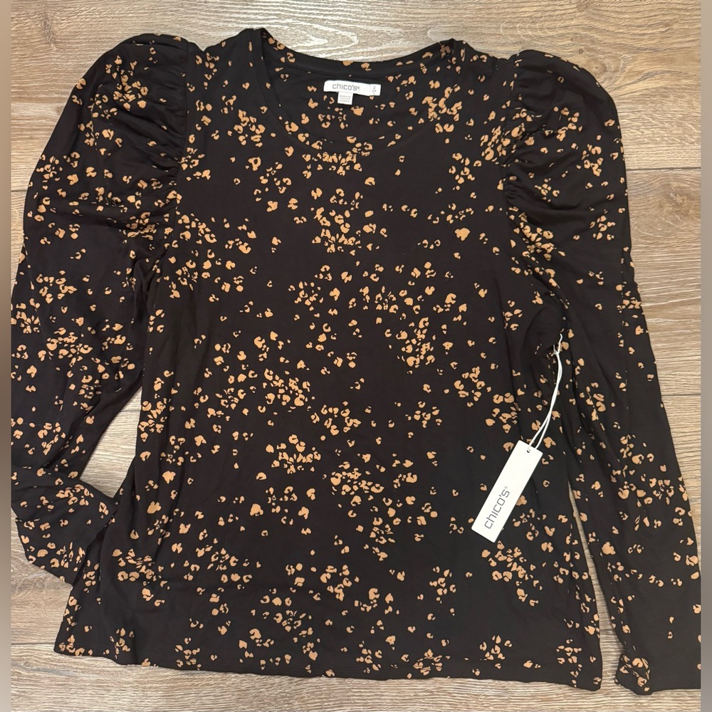 Chicos Touch of Cool Confetti Ruched Sleeve Long Sleeve Tee Size 2 NWT